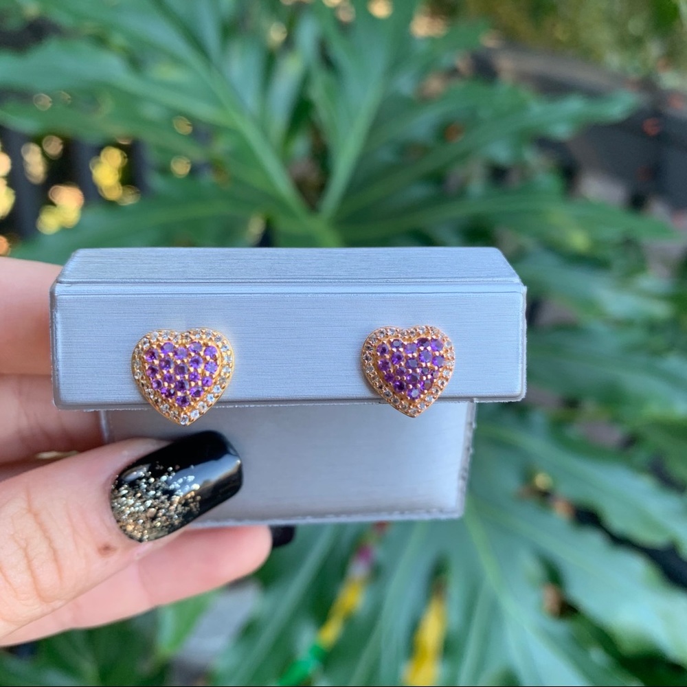Zales Amethyst and White Topaz Heart Stud Earrings - Picture 2 of 15
